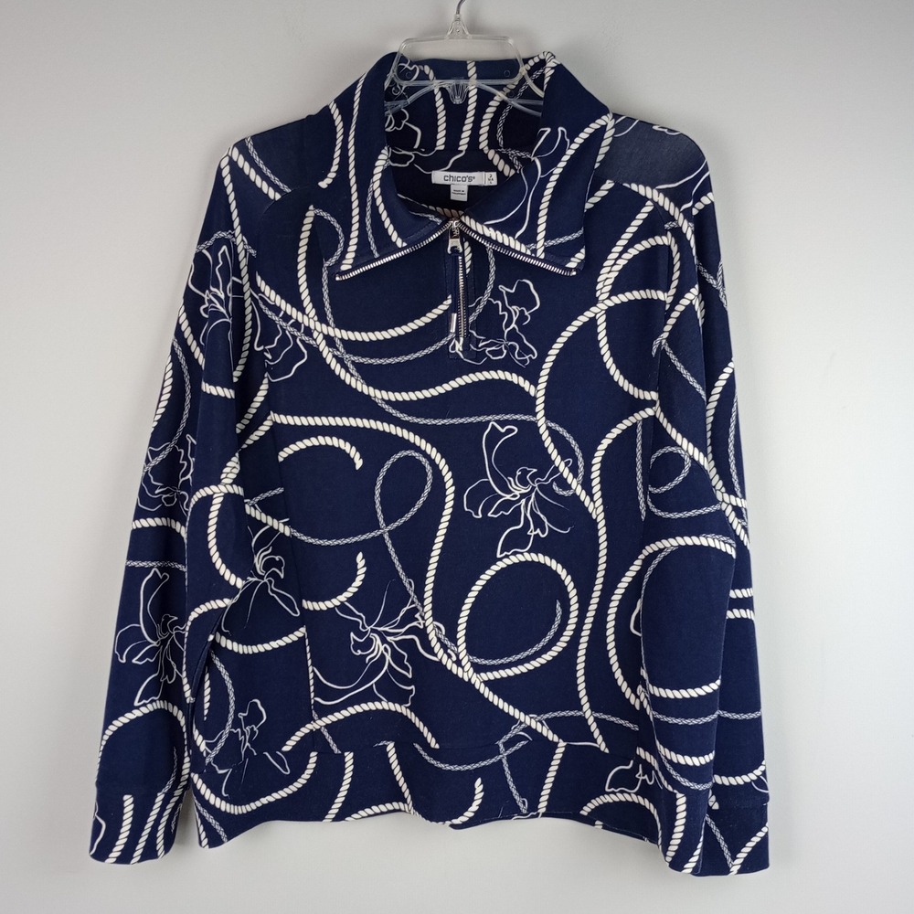 Chico's Womens L Blue Nautical Rope Floral Quarter Zip Pullover Sweatshirt